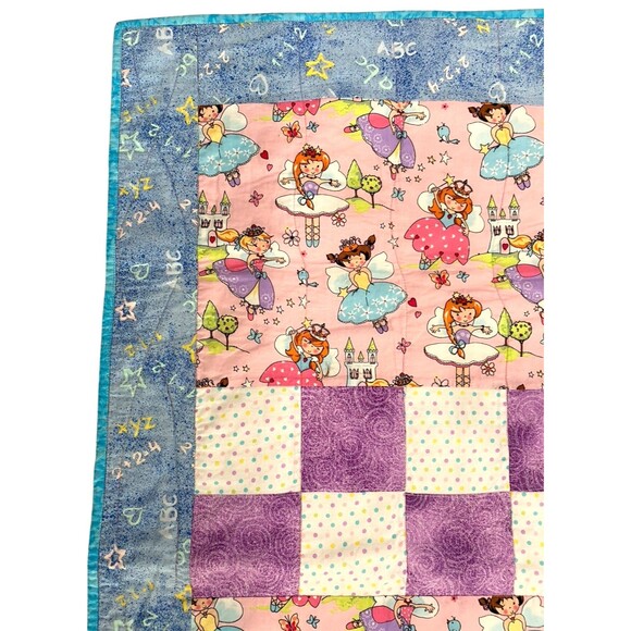 Handmade Baby Quilt 42x42 Pink Fairy Princess Castle Patchwork Blanket - Picture 2 of 6